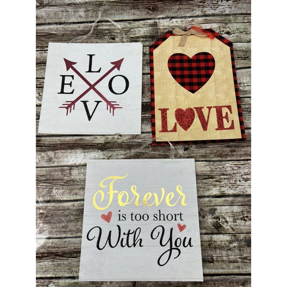 Set of 3 Wooden Wall Signs Love Forever Is Too Short With You Valentine's Decor